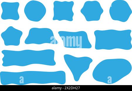 Abstract liquid shapes. Organic flat blobs. Irregular blue fluid bubbles. Random wavy spots and curvy elements. Amoeba rectangle box set. Stock Vector