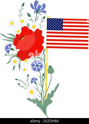 Memorial Day. American flag with with bouquet flowers red poppy, blue cornflowers and white chamomile. Vector illustration for design national traditi Stock Vector