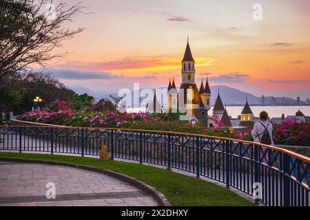 Nha Trang, Vinpearl Island, is a Resort Island with a Water Park, Amusement Park located in Vietnam. tourist attraction. landscape. Sunset photo. Stock Photo
