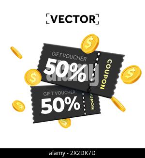 3d couple of premium black coupons with coupon code, golden coins. Promotional event with coupons or vouchers, percentage off. Gift voucher and gold coin dollar sign template. 3d vector illustration. Vector illustration Stock Vector