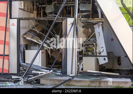 Berlin, Germany. 22nd Apr, 2024. An ATM was blown up in a bank branch. The explosion caused considerable damage to the bank branch. Credit: Christophe Gateau/dpa/Alamy Live News Stock Photo
