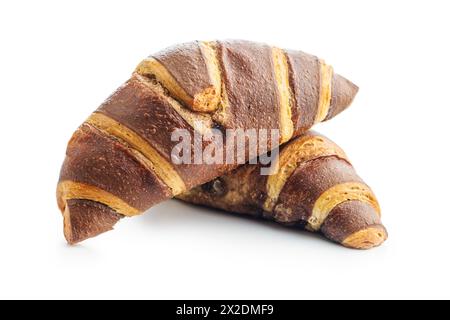 Freshly Baked Chocolate Croissants Isolated Against a White Background Stock Photo