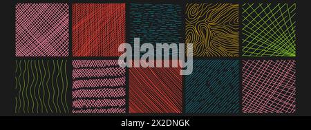 Squares textures with different hand drawn patterns. Vector scribble, horizontal and wave strokes collection Stock Vector