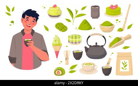 Matcha tea products. Leaves and powder, brewing accessories, sweet desserts and sweets, funny guy with hot drink cup, traditional japanese food Stock Vector