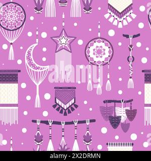 Dream catchers boho seamless pattern. Braided hanging ornaments for home, hanging macrame elements, cozy room. Decor textile, wrapping paper Stock Vector