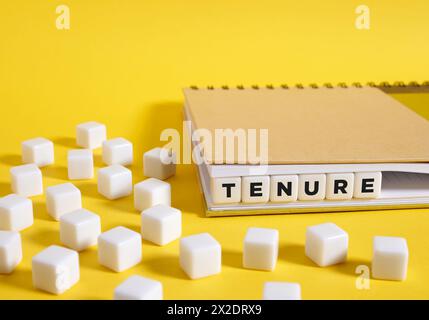 The word tenure written on cubes in a notebook on yellow background. Academic tenure, career and appointment concept. Stock Photo