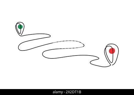 Continuous one line drawing of map view in urban area. Simple pins on the way between two points in thin linear style. Gps navigation and travel conce Stock Vector