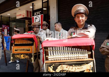 Mexico City, Mexico. 20th Apr, 2024. Organ grinders, part of popular culture in Mexico's capital play at the Mexico city downtown. April 20, 2024, Mexico City, Mexico, (Photo by Luis Barron/ Eyepix Group/Sipa USA) Credit: Sipa USA/Alamy Live News Stock Photo
