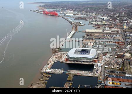 aerial view of the new Everton Stadium under construction, looking north towards Seaforth Docks and the container terminal Stock Photo