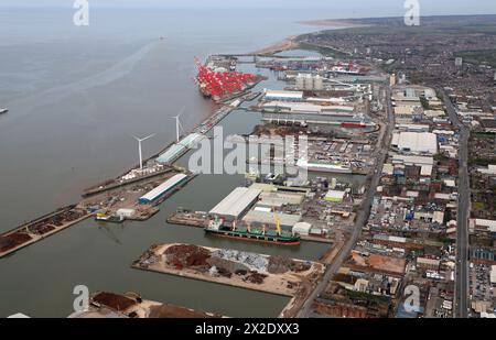 aerial view of the Port of Liverpool alongside the River Mersey and including Seatruck Ferries and the Deep Sea Terminal & Seaforth Stock Photo