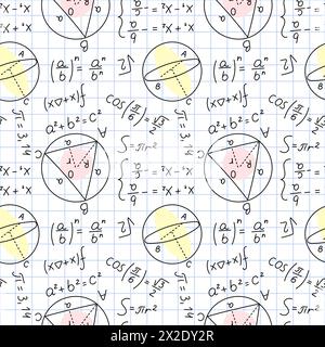 Seamless math formulas pattern. School equations. Geometric diagrams and drawings on piece of notebook in cage. Mathematical education. Algebra Stock Vector