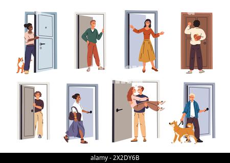 People in doorways. Characters opening wooden doors. Apartment inputs and outputs. Knocking female. Male peeking out. Person leaving home with dog Stock Vector