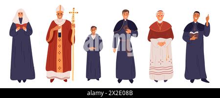 Cartoon catholic church characters. Religion clergy. Ecclesiastics in ceremonial clothes. Different religious ranks. Monks and priests. Christian Stock Vector