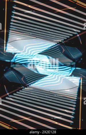 symmetry and geometry neon pattern, fractal and reflection virtual reality, abstract perspective with tech lines and glowing light Stock Photo