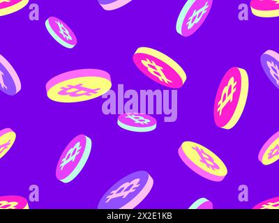 Seamless pattern with coins with Bitcoin symbol. 3D Bitcoin coin in pink, yellow and purple colors. Bitcoin cryptocurrency, crypto trading. Design of Stock Vector