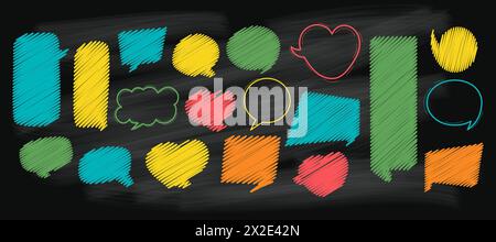 Speech bubbles multi-colored chalk on black board. Cloud for text, empty geometric shapes, chatting box, message box. Isolated blank drawings doodles. Stock Vector