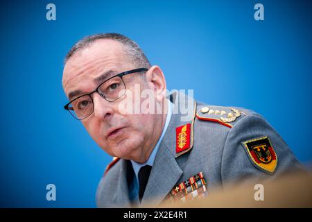 Berlin, Germany. 22nd Apr, 2024. General Carsten Breuer, Inspector General of the Bundeswehr, takes part in the press conference on the Quadriga military exercise. Credit: Michael Kappeler/dpa/Alamy Live News Stock Photo