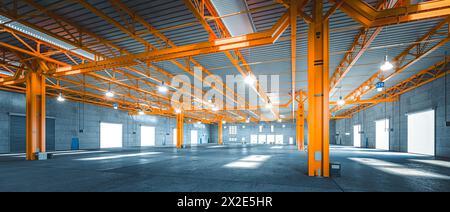 Spacious and empty industrial warehouse with vibrant orange steel structure. 3d render Stock Photo