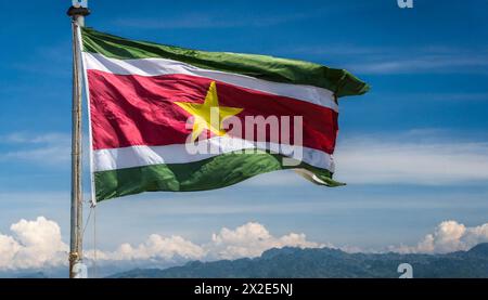 Die Fahne von Suriname, flattert im Wind, isoliert, gegen den blauen Himmel Stock Photo