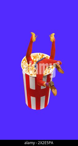 Male and female legs sticking out popcorn basket. Contemporary art collage. Leisure activity, romantic date and movie industry. Stock Photo