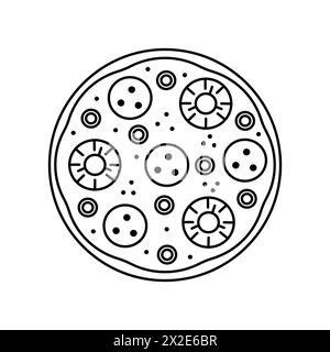 Vector whole tasty pizza italian fast food line. Salami, pineapple, olive. Delivery service fast food. Sketch icon with outline style. On white backgr Stock Photo