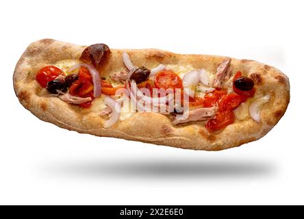 Roman Pinsa, crushed pizza with tuna, tomatoes and onions and olives isolated on white with clipping path included Stock Photo