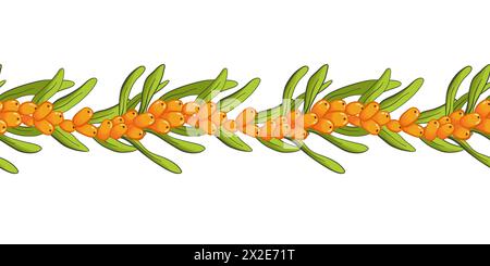 Sea buckthorn seamless hand drawn border. illustration isolated on white background. Endless branch with berries and leaves. Garland. Clipart for deco Stock Photo