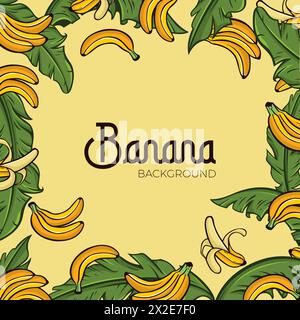 Banana Background Illustration, Vector hand drawn fruit frame with banana, slices pieces, bunch and leaves. Healthy organic illustration Stock Vector