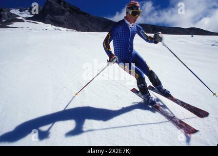 Young alpine ski racer practicing at Mount Hood in August Stock Photo