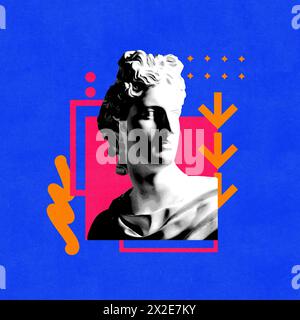 Contemporary art collage. Classical statue's head in black and white, set against vivid blue background, with abstract red shapes. Stock Photo