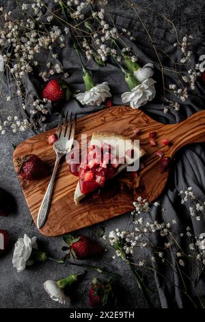 New York Cheesecake Topped with Diced Strawberry and Strawberry Sauce Stock Photo
