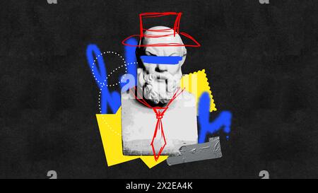 Contemporary art collage. Monochromatic bust with red line-drawn accessories, set against textured black background with abstract yellow and blue Stock Photo