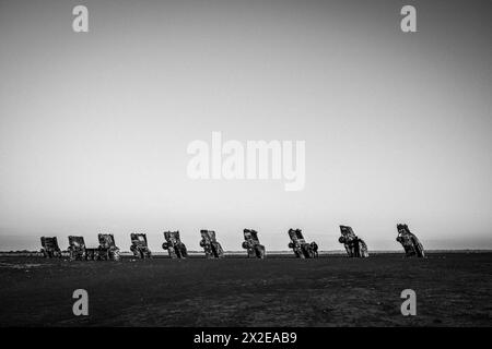 Black and white image of Cadillac Ranch near Amarillo, Texas Stock Photo