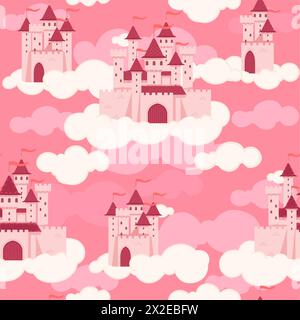 Pink magic castle on floating island in blue sky with fluffy clouds ...