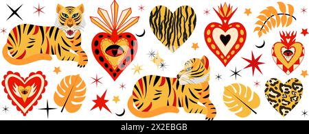 Tiger and sacred heart, celestial mystique set. Retro style hearts with tiger and leopard print. Animal mystical collection. Contemporary bohemian Stock Vector