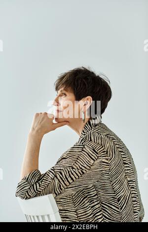A middle-aged woman with short hair sits in a chair, resting her chin on her hand, exuding elegance and contemplation in a stylish studio setting. Stock Photo