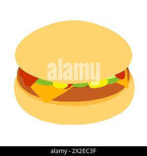 Burger with ketchup, mustard and slices of cucumber and cheese icon in cartoon flat style. Simple bun, one cutlet. Vector illustration isolated on whi Stock Vector