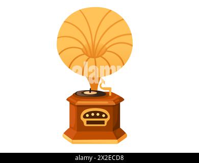 Retro style old golden gramophone with wooden base vector illustration isolated on white background Stock Vector