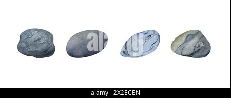 Set of watercolor pebbles, stones is realistic.  Isolated on a white background. In  cold colors. For invitations, gift cards, wedding design, drawing Stock Photo
