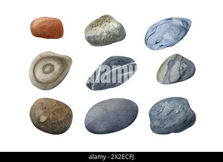 Set of colorful watercolor pebbles, stones is realistic.  Hand drawn. In warm and cold colors. For invitations, gift cards, wedding design, drawning, Stock Photo
