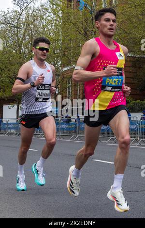 London, UK. 21st April, 2024. Callum Hawkins (l) of Great Britain competes in the Elite Men's Race at the London Marathon. He finished sixteenth with a time of 2:17:34. Credit: Mark Kerrison/Alamy Live News Stock Photo