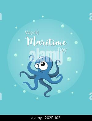 World Maritime Day poster with octopus and air bubbles, funny humorous card, blue background. Vector illustration Stock Vector