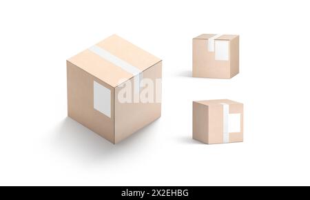 Blank white shipping label on craft box mockup, different sides Stock Photo