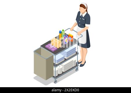 Isometric Professional chambermaids cleaning floor in hotel room ...