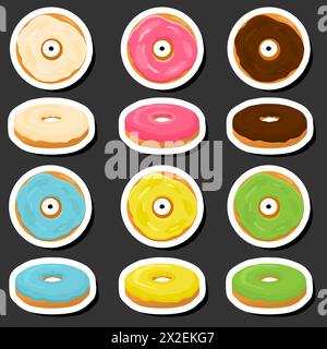 Illustration on theme big set different types sticky donuts, sweet doughnuts various size, donut pattern consisting of collection organic doughnuts fr Stock Vector