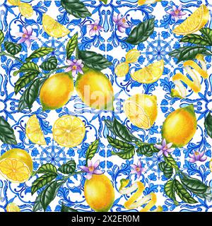 Mediterranean seamless pattern. Blue majolica tiles and yellow lemons endless background. Sicilian traditional print for fabric and wallpaper. Blue az Stock Photo