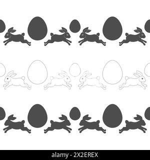 Set of horizontal seamless patterns with Easter bunny and eggs. Isolated vector objects on white background. Stock Vector