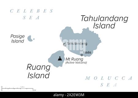 Ruang, an active Indonesian volcanic island, gray political map. Southernmost stratovolcano in the Sangihe Islands arc, North Sulawesi, Indonesia. Stock Photo