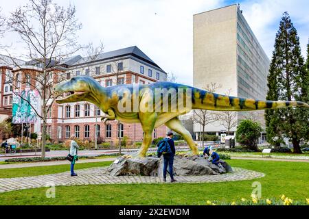 Frankfurt, Germany - March 31, 2024: sculpture of T-Rex, a big dinosaur, in front of the Senckenberg museum in Frankfurt, Germany. Stock Photo