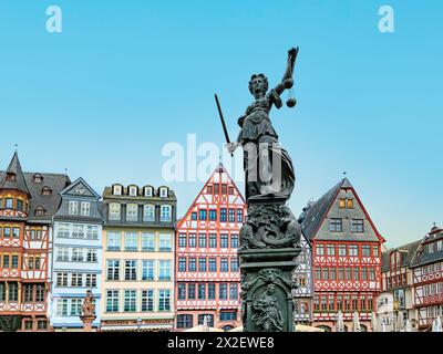 Frankfurt, Germany - April 10 2024: statue of Lady Justice with the old fountain at the roemer square in Frankfurt. Stock Photo